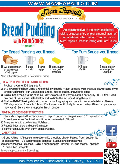 Mam Papaul's Bread Pudding w/ Rum Sauce