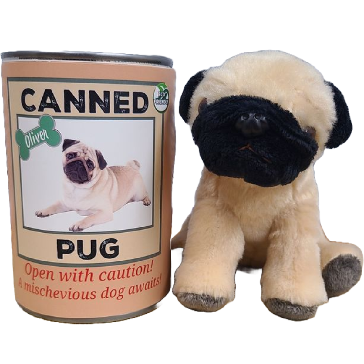 Canned Pug - Rescue Dog - Recycled and Eco-Friendly Plush: Pop Top Lid